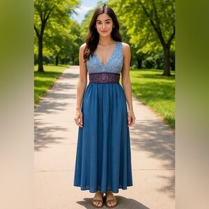 Flying Tomato Upcycled Blue Boho Maxi Dress Embroidered Waistband & V-Neckline